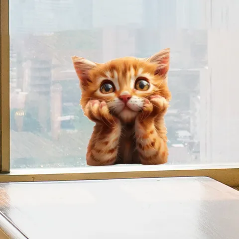 Autocollant de Fenêtre Chat Orange Dessin Animé Mignon Adsorption Statique Sticker Vitre Amovible Étanche Décoration Maison