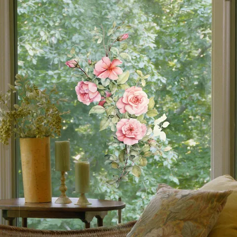 Sticker de Fenêtre en Verre Décoratif Rose Fraîche Adhérence Statique Film pour Fenêtre Floral Amovible pour Décoration de Miroir Carrelage Salle de Bain