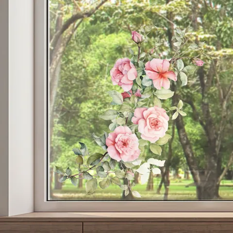 Sticker de Fenêtre en Verre Décoratif Rose Fraîche Adhérence Statique Film pour Fenêtre Floral Amovible pour Décoration de Miroir Carrelage Salle de Bain