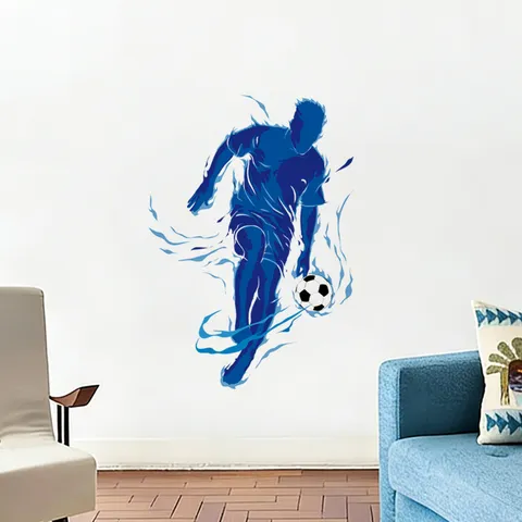 Soccer Player Silhouette Wall Sticker Blue Flame Waterproof PVC DIY Sports Style Wall Decal For Living Room Bedroom Office Home Decor