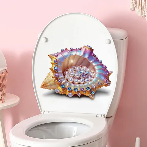 Sticker de Toilette 3D Coquillage de Perles Imperméable Amovible en PVC Autocollant Mural de Salle de Bain Thème Marin Décoration