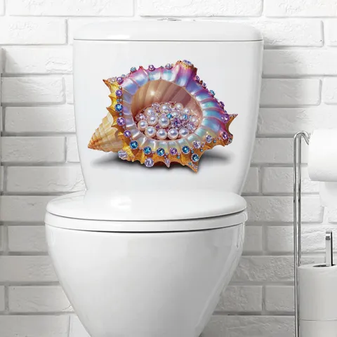 Sticker de Toilette 3D Coquillage de Perles Imperméable Amovible en PVC Autocollant Mural de Salle de Bain Thème Marin Décoration