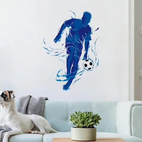 Soccer Player Silhouette Wall Sticker Blue Flame Waterproof PVC DIY Sports Style Wall Decal For Living Room Bedroom Office Home Decor