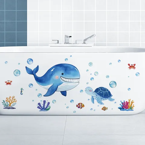 Waterproof Ocean Whale Sea Animal Wall Stickers Removable PVC Bathtub Decals For Kids Bathroom DIY Home Decor