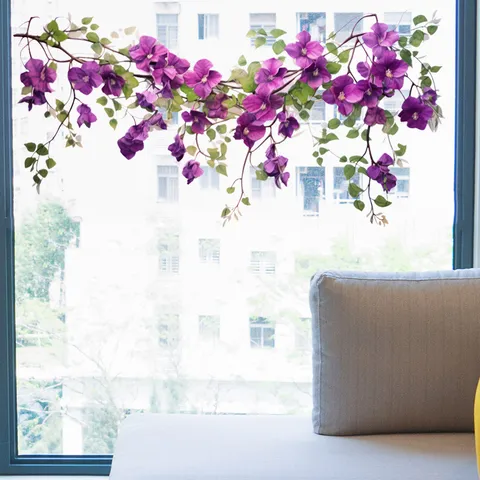 Autocollant Statique de Fenêtre Fleur Violette Feuille Verte Décalcomanie en Verre de Vigne Florale Amovible pour Décor de Maison Cuisine Chambre