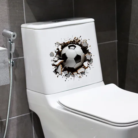 Autocollant de Toilette Effet Mur Brisé de Football 3D Imperméable PVC Sticker de Foot Pour Décoration de Salle de Bain