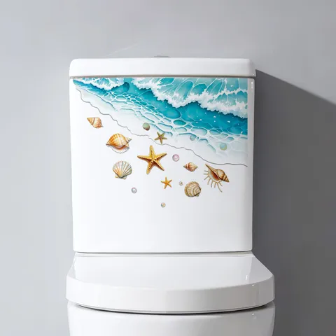 Adesivo per Coperchio Gabinetto Autoadesivo Impermeabile Motivo Oceano Stella Marina Conchiglia Onda Rimovibile PVC Decalcomania da Parete Bagno Casa