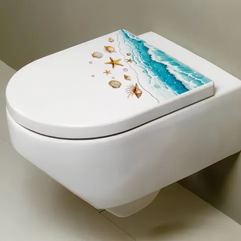 Adesivo per Coperchio Gabinetto Autoadesivo Impermeabile Motivo Oceano Stella Marina Conchiglia Onda Rimovibile PVC Decalcomania da Parete Bagno Casa
