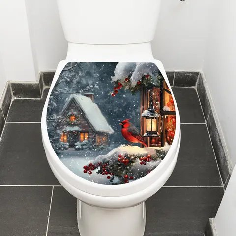 Christmas Snow House Cardinal Bird Waterproof PVC Toilet Sticker Self-adhesive Bathroom Wall Decal Winter Festive Home Decor