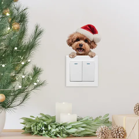 Weihnachten Welpen Schalter Aufkleber Wasserdicht PVC Weihnachtsmütze Hund Wandtattoo Für Schlafzimmer Wohnzimmer Dekor