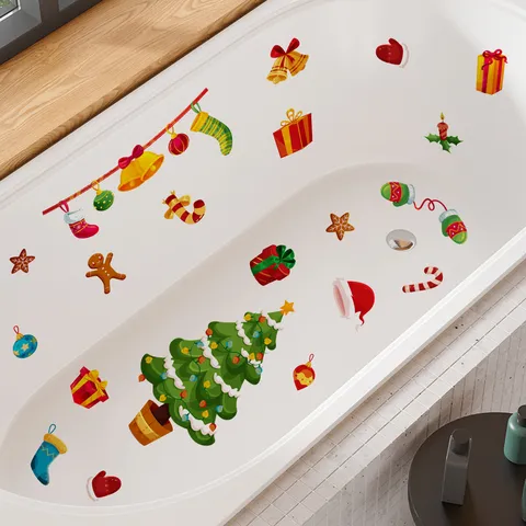Stickers de Baignoire en PVC Imperméables Antidérapants Sapin de Noël Bonbons pour Salle de Bain Décoration de Noël Feuilles