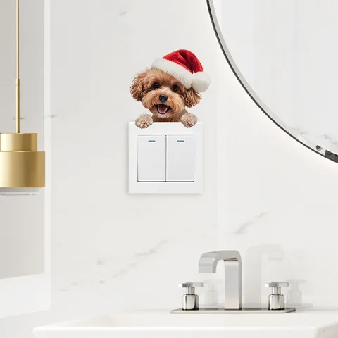 Weihnachten Welpen Schalter Aufkleber Wasserdicht PVC Weihnachtsmütze Hund Wandtattoo Für Schlafzimmer Wohnzimmer Dekor