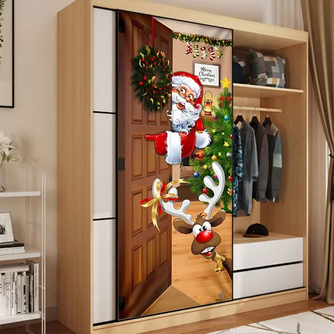 Christmas Santa Claus Reindeer PVC Self-Adhesive Door Sticker Removable 3D Festive Mural Decoration For Home Living Room Cabinet