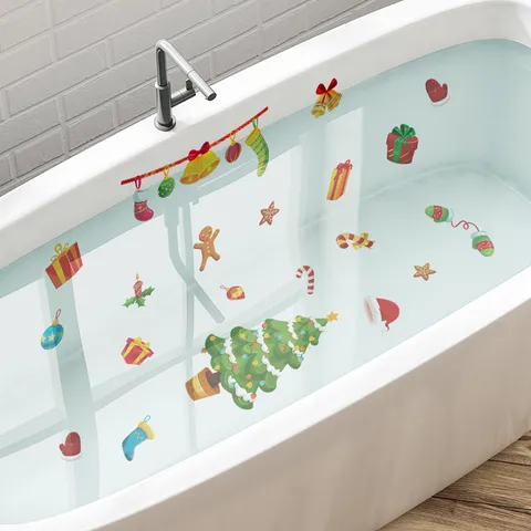 Stickers de Baignoire en PVC Imperméables Antidérapants Sapin de Noël Bonbons pour Salle de Bain Décoration de Noël Feuilles