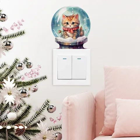 Christmas Snow Globe Cat Wall Sticker Removable PVC Waterproof Light Switch Decoration Decal For Living Room Bedroom