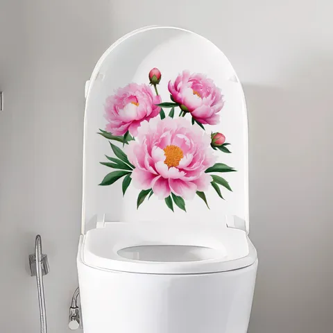 Waterproof PVC Self-Adhesive Peony Flower Toilet Lid Sticker Bathroom Decor Wall Sticker For Home Toilet Cover Decoration