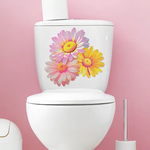Sticker de Toilette Fleur de Marguerite Imperméable en PVC Amovible Décoration de Salle de Bain Autocollant Mural Floral pour Maison