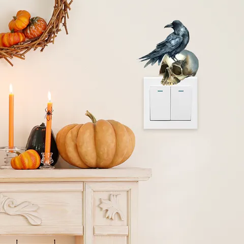 Halloween PVC Waterproof Self Adhesive Light Switch Sticker Gothic Realistic Black Crow Skull Pattern Bedroom Wall Sticker Home Decor Accent