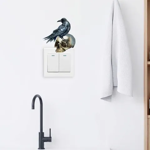Halloween PVC Waterproof Self Adhesive Light Switch Sticker Gothic Realistic Black Crow Skull Pattern Bedroom Wall Sticker Home Decor Accent