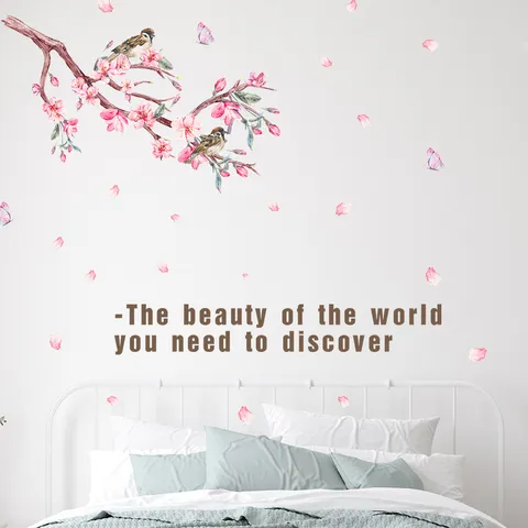 Romantic Cartoon Peach Blossom Birds Wall Stickers Waterproof PVC Self Adhesive Mural Decals For Bedroom Decoration