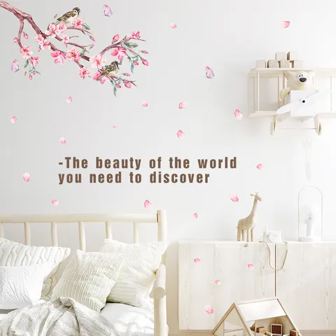 Romantic Cartoon Peach Blossom Birds Wall Stickers Waterproof PVC Self Adhesive Mural Decals For Bedroom Decoration