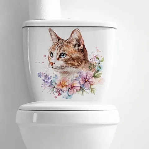 Waterproof PVC Toilet Lid Sticker Cute Cartoon Watercolor Cat Floral Removable Wall Decal Bathroom Restroom Defect Cover Art Decoration
