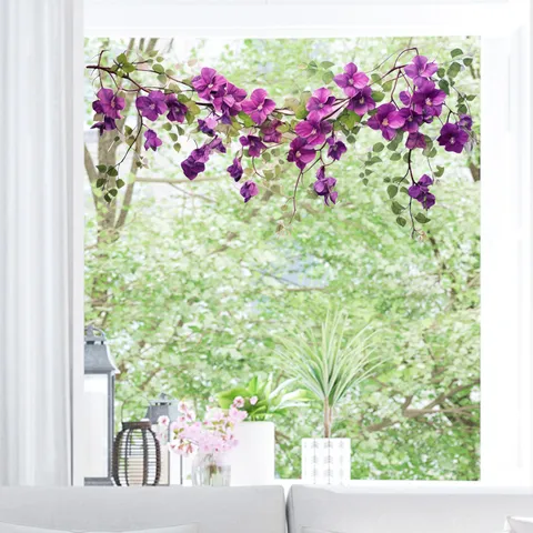 Autocollant Statique de Fenêtre Fleur Violette Feuille Verte Décalcomanie en Verre de Vigne Florale Amovible pour Décor de Maison Cuisine Chambre