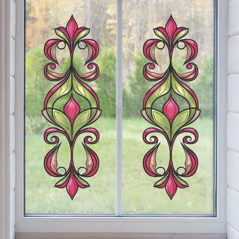 Autocollant de Fenêtre Fleurs Feuilles d'Acanthe Rétro Statique Double Face Amovible Décoration Verre Film PVC