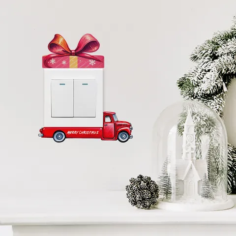 Weihnachten Roter LKW Geschenkbox Schalter Wandaufkleber Wasserdicht Abnehmbar PVC Wandtattoos Für Wohnzimmer Schlafzimmer Urlaub Heimtextilien