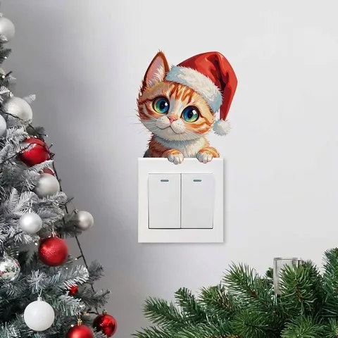 Christmas Cat Light Switch Sticker Cute Ginger Cat With Santa Hat Waterproof PVC Self-Adhesive Wall Decal For Bedroom Home Holiday Decoration