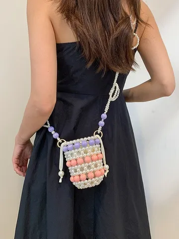 Mini Perlen Beuteltasche Handgewebte Umhängetasche Süße Farbblock Kordelzug Geldbörse Elegante Imitat Perle Schultertasche Für Damen
