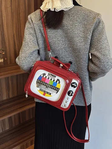 Sac à Bandoulière en Cuir PU pour Femme Forme de Téléviseur Vintage Motif de Signal Rétro Sac Carré à Rivets en Cœur