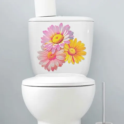 Sticker de Toilette Fleur de Marguerite Imperméable en PVC Amovible Décoration de Salle de Bain Autocollant Mural Floral pour Maison