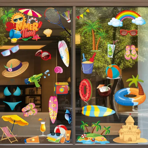 Autocollant de Fenêtre Statique Été Hawaii Double Face PVC Palmier Parasol Planche de Surf Imperméable Amovible Décoration Vitre Film
