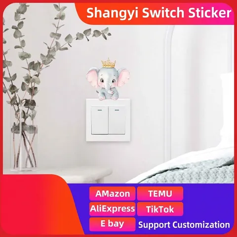 Adesivo per Interruttore della Luce con Elefante Cartone Animato con Corona PVC Autoadesivo Decalcomania da Muro per Cameretta Bambini