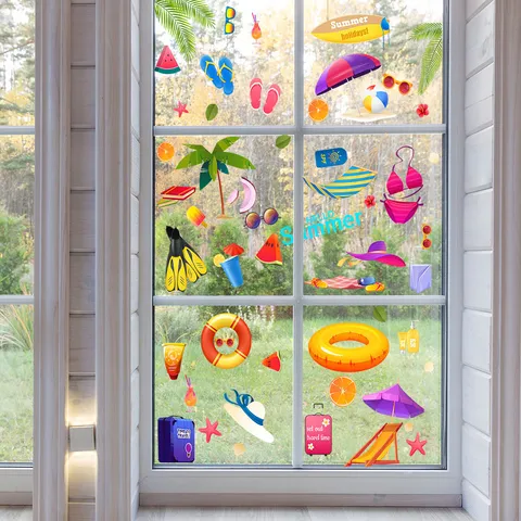 Autocollants de Fenêtre Statiques en PVC Plage d'Été Hawaïenne Amovibles et Réutilisables Décoration de Fête Tropicale pour Fenêtres en Verre et Maison