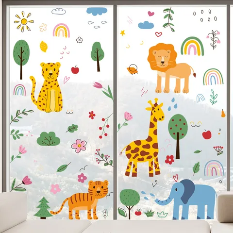 Autocollants De Fenêtre Statiques En PVC Pour Animaux Et Plantes De Dessin Animé Décalcomanies Recto Verso Pour Chambre D'Enfant Salon Décoration Intérieure