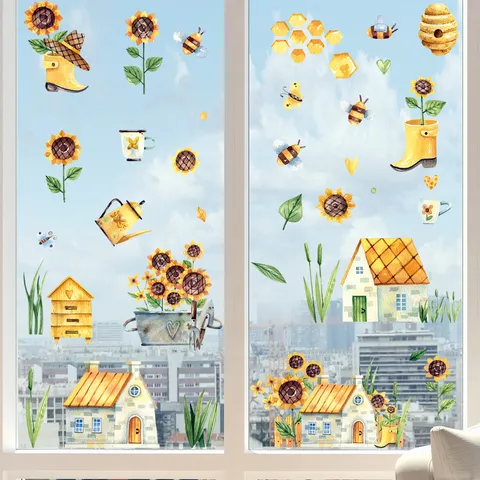 Autocollants Statiques de Fenêtre Tournesol Ferme PVC Amovibles Stickers Décoratifs Double Face Tournesol Abeille Décalcomanie pour Vitres Maison