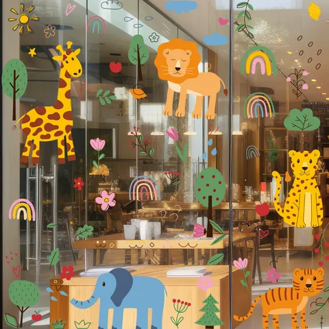 Autocollants De Fenêtre Statiques En PVC Pour Animaux Et Plantes De Dessin Animé Décalcomanies Recto Verso Pour Chambre D'Enfant Salon Décoration Intérieure