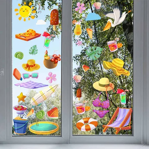Autocollants Statiques de Vitre Plage d'Été en PVC Motifs Soleil Planche de Surf Décoration Double Face pour Maison et Bureau
