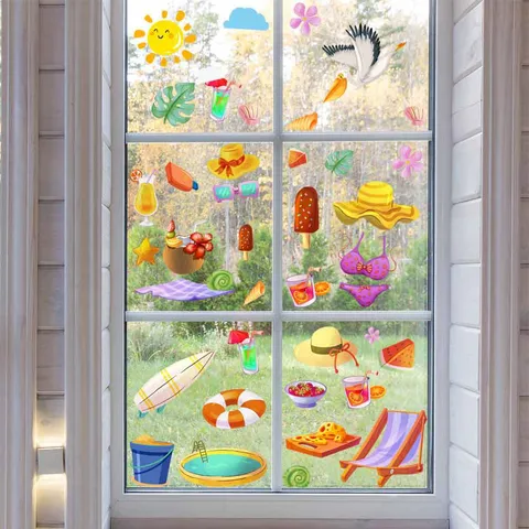 Autocollants Statiques de Vitre Plage d'Été en PVC Motifs Soleil Planche de Surf Décoration Double Face pour Maison et Bureau