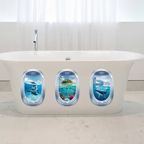 Pegatina de Pared Impermeable de PVC 3D Ballena Delfín Vida Marina Vista Ojo de Buey Removible Autoadhesiva Calcomanía Decorativa para Baño Baignoire