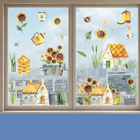 Autocollants Statiques de Fenêtre Tournesol Ferme PVC Amovibles Stickers Décoratifs Double Face Tournesol Abeille Décalcomanie pour Vitres Maison