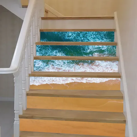 Pegatinas de Escaleras 3D PVC Autoadhesivas Paisaje de Playa Cascada Para Renovación del Hogar DIY Removible Impermeable Decoración de Escaleras