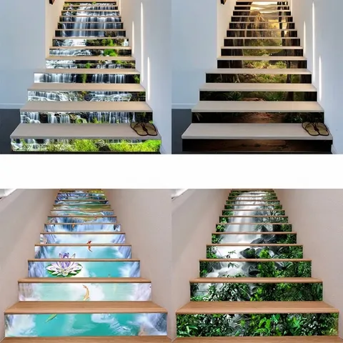 3D Kreative Simulation Landschaft Treppenaufkleber Wasserdichtes PVC Selbstklebend Abnehmbar Wasserfall Wald Stufenaufkleber Für Heimrenovierung