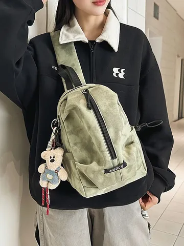 Unisex Nylon Chest Bag Fresh Tie-Dye Crossbody Waist Bag Casual Outdoor Cycling Shoulder Bag With Plush Bear Pendant