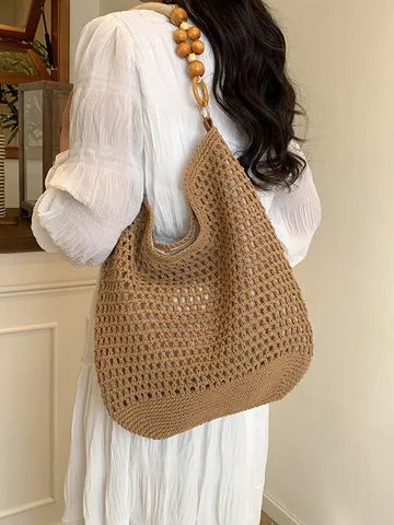 Sac Fourre-Tout Ajouré Tricoté à la Main pour Femmes Style Bohème Plage Vacances Bandoulière Perles en Bois Coton Grande Capacité