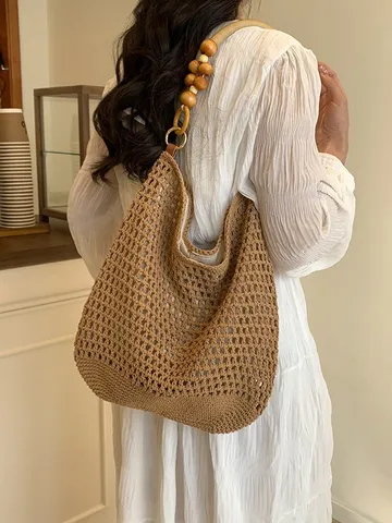 Sac Fourre-Tout Ajouré Tricoté à la Main pour Femmes Style Bohème Plage Vacances Bandoulière Perles en Bois Coton Grande Capacité