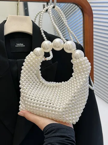 Handgewebte Abendtasche aus Kunstperlen im französischen Stil für Damen elegante Perlenhandtasche mit großem Perlengriff Umhängetasche