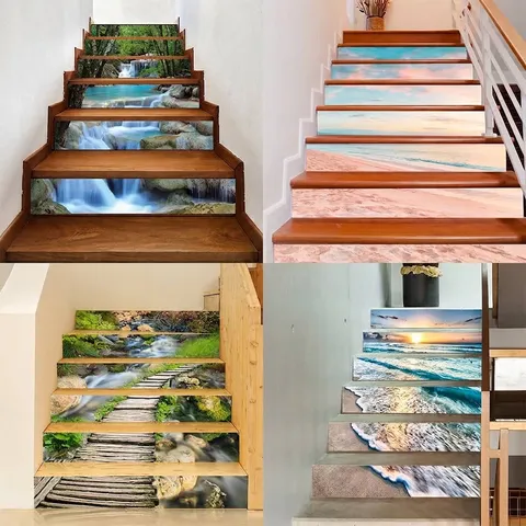 Creative 3D Landscape Staircase Stickers Waterproof Self Adhesive PVC Wall Decals For Home Stairs Step Decoration Waterfall Beach Sunsets Removable Renovation Stickers